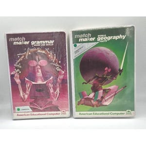 May include: Two vintage educational computer game boxes. One is titled "Match Maker Grammar" with word use skills, and the other is "Match Maker World Geography Facts." Both boxes feature colorful graphics and the text "American Educational Computer."