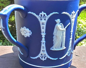 Antique Wedgwood Dark Blue Jasperware Three Handled Tyg Loving Cup 5" Mug