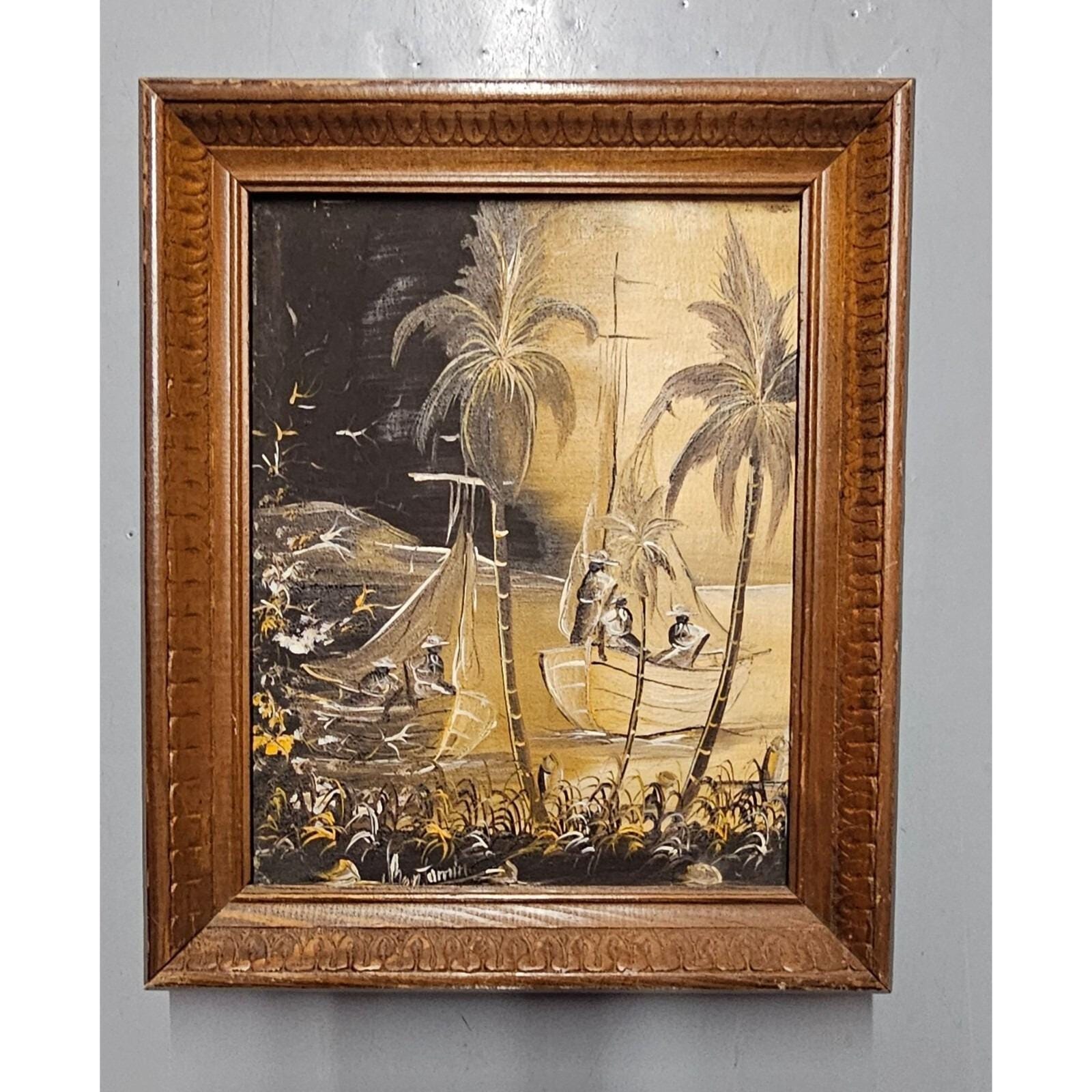 日本画 女性ベンジャミン　サインあり 署名入り「ベンジャミン」ハイチ漁船の絵画、1960年代～70年代、12 1/4