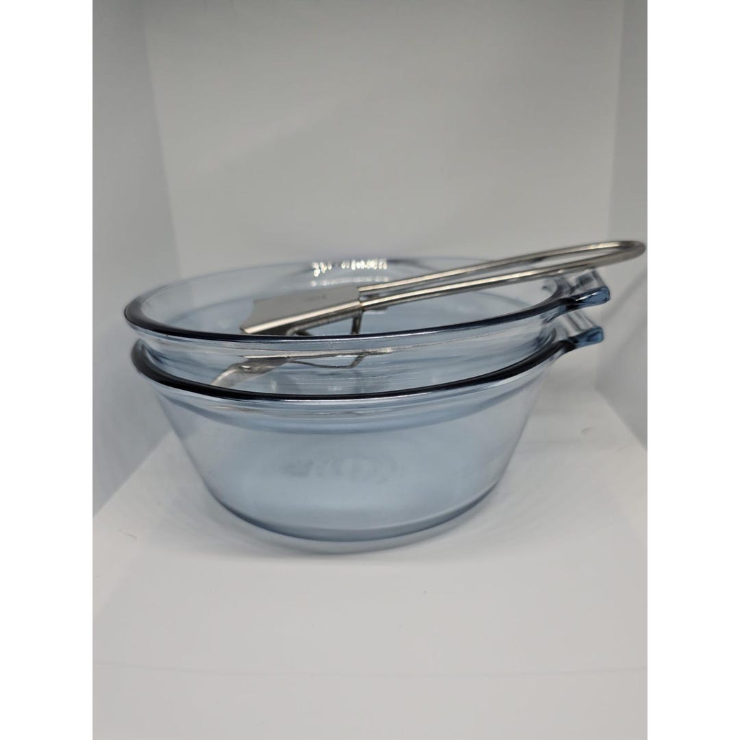 Pyrex Flameware Cookware Vintage Pyrex Flameware 817-B Skillet & 832-B Saucepan, Blue Tint Glass ...