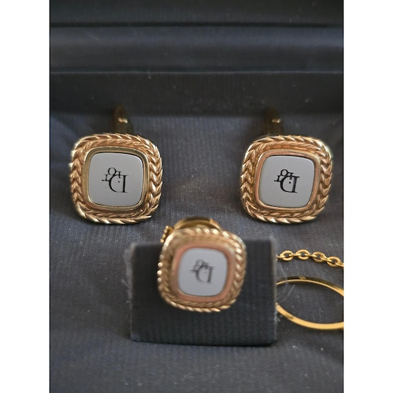 Christian Dior Monsieur Cufflinks Tie Clip Set Gold Tone  display picture 2