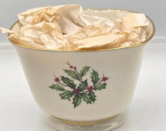 Lenox Holiday Holly Gold Rim Square Footed Dessert Bowl - Made in USA
