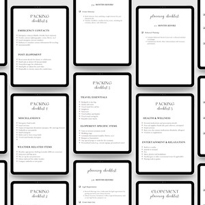 May include: A set of 10 printable checklists for planning an elopement. The checklists are organized by category, such as packing, planning, and legal requirements. Each checklist includes a list of items to consider, with space for notes.