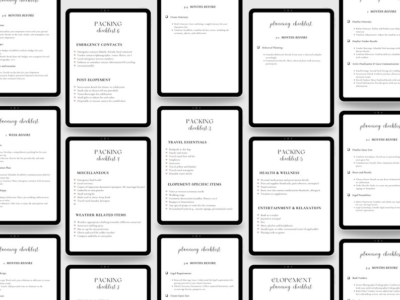 May include: A set of 10 printable checklists for planning an elopement. The checklists are organized by category, such as packing, planning, and legal requirements. Each checklist includes a list of items to consider, with space for notes.