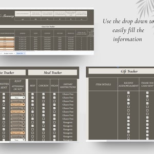 May include: A printable wedding planning tracker with sections for guest list, invite tracker, meal tracker, and gift tracker. The tracker includes checkboxes for RSVP, dietary restrictions, and gift acknowledgment.