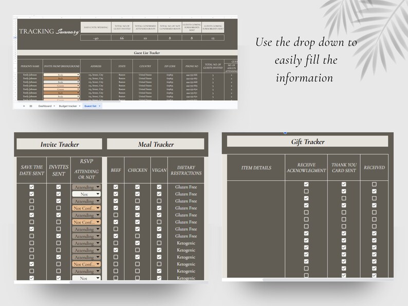 May include: A printable wedding planning tracker with sections for guest list, invite tracker, meal tracker, and gift tracker. The tracker includes checkboxes for RSVP, dietary restrictions, and gift acknowledgment.