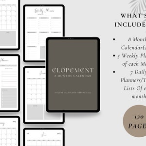 May include: A digital planner for elopement planning, featuring 8 months of calendars, weekly planners, and daily to-do lists. The planner has a gray and white color scheme and includes 120 pages.