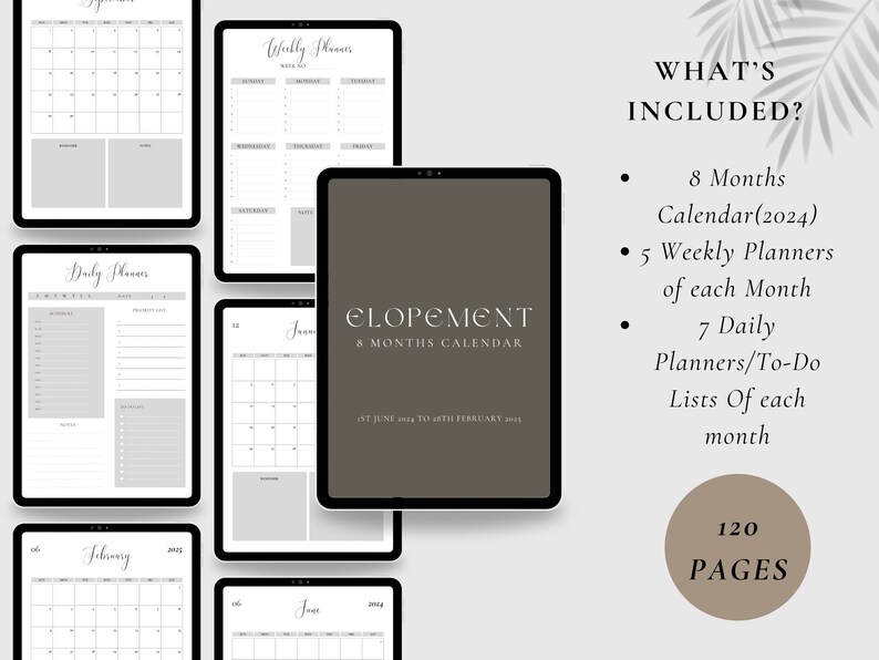 May include: A digital planner for elopement planning, featuring 8 months of calendars, weekly planners, and daily to-do lists. The planner has a gray and white color scheme and includes 120 pages.