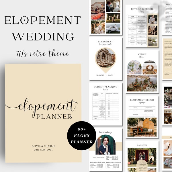 70's Retro Theme Elopement Wedding Planner, 90+ Page Canva Elopement Day Binder, Elopement Wedding Checklist, Elopement Ceremony Book, Bride