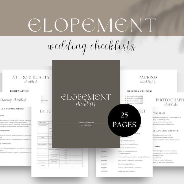 Elopement Wedding Checklist Template, Elopement Day Timeline, Photography Shot List, Elopement Budget Planning, Day of Coordinator Checklist