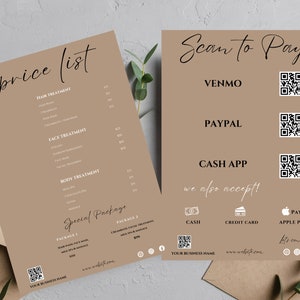 Wimpern Preisliste Vorlage, Scan to Pay Karte, bearbeitbare Boho Beauty Salon Preisliste Vorlage, QR Code Zeichen Karte, Business Canva Vorlagen