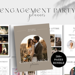 May include: A printable engagement party planner with a brown background and a photo of a couple in a field. The planner includes sections for beauty appointments, guest attire, toast planning, and hair and makeup details. The text "ENGAGEMENT planner" is written in a cursive font.