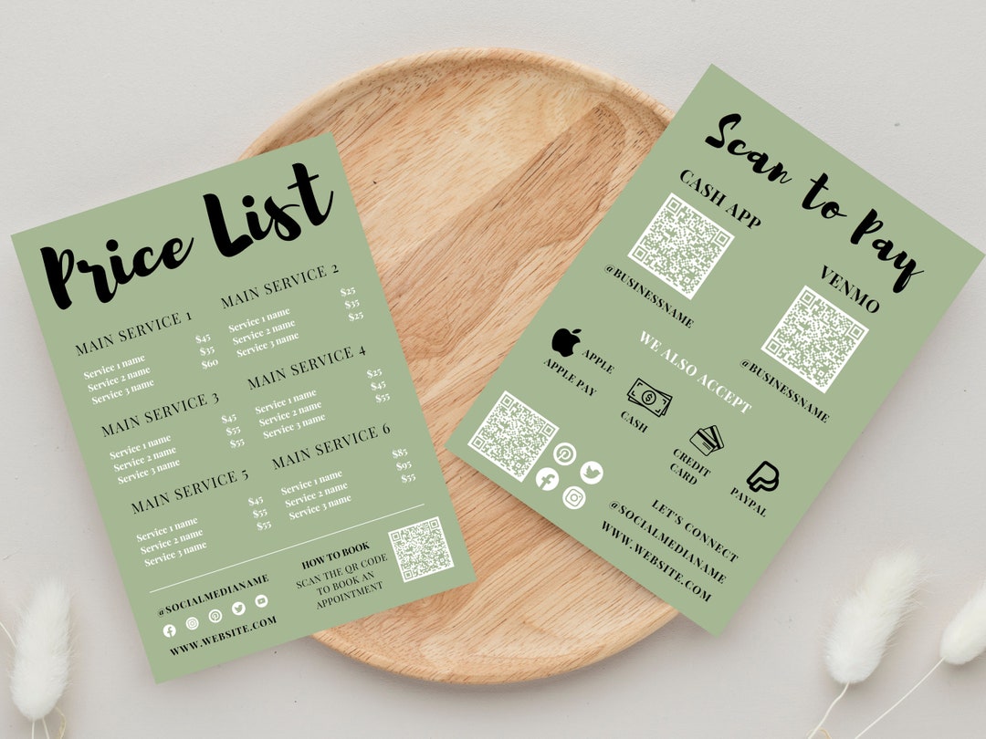 Editable Sage Green Price List & Scan to Pay Canva Template, Price ...