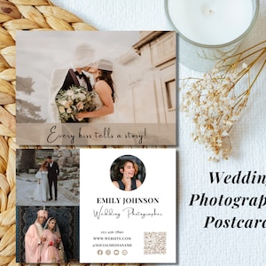 Modelo de cartão postal para fotografia de casamento, cartão postal moderno para fotógrafo de casamento, folheto de modelo de marketing fotográfico, modelo comercial Canva