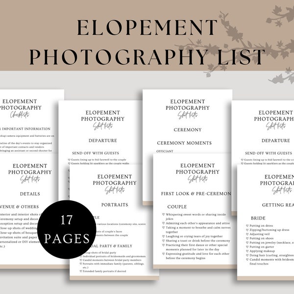 Elopement Photography Shot Lists, Elopement Wedding Photographer Checklists, 17 Pages Printable Elopement Shots Lists, Elopement Planner