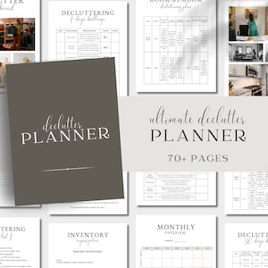 Könnte beinhalten: Ein grau-weißer Planer mit dem Text "declutter PLANNER" auf dem Cover. Der Planer ist auf einer Seite mit dem Text "ultimate declutter PLANNER 70+ PAGES" geöffnet.