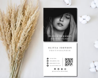 Minimalist Black and White Square Business Card for Photographers, Modern Photo QR Code Business Card Template, Simple Small Business Card