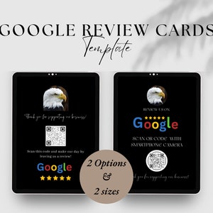 美しい黒の Google レビュー カード テンプレート、Google レビュー サイン、ビジネス Canva テンプレート、プロフェッショナルな QR コード サイン、Google 名刺