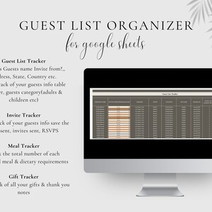 May include: A computer screen displaying a Google Sheets spreadsheet titled "Guest List Tracker". The spreadsheet is designed to help organize a party or event by tracking guest information, RSVPs, meal preferences, and gifts.
