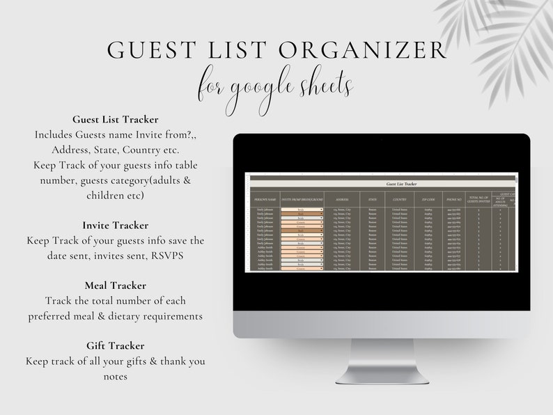 May include: A computer screen displaying a Google Sheets spreadsheet titled "Guest List Tracker". The spreadsheet is designed to help organize a party or event by tracking guest information, RSVPs, meal preferences, and gifts.