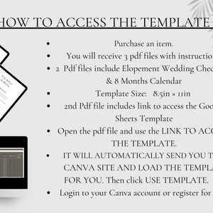 May include: A white background with black text explaining how to access a digital template. The text includes instructions on how to purchase the template, download the PDF files, and access the Google Sheets template. The text also includes the template size, which is 8.5 inches by 11 inches.