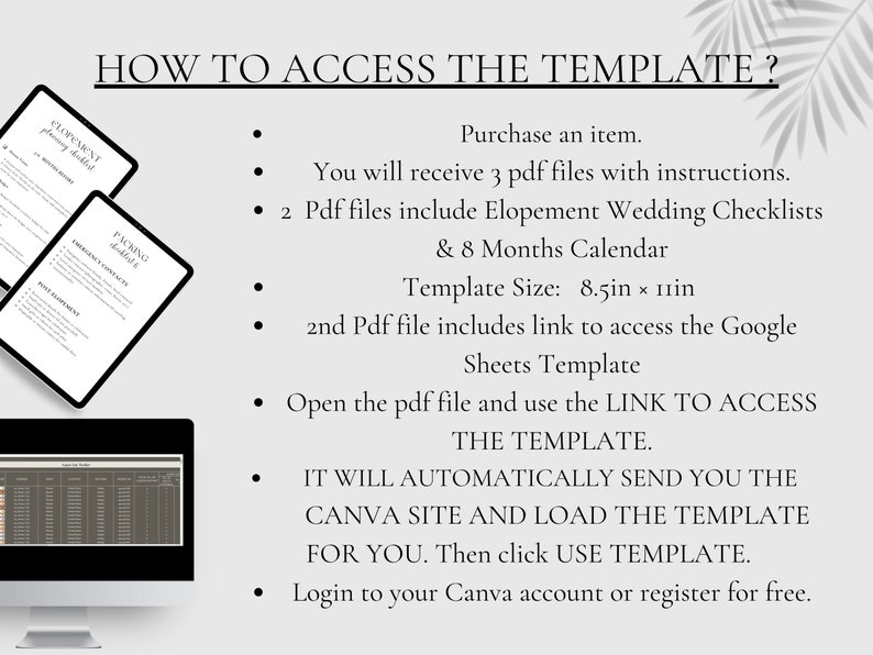 May include: A white background with black text explaining how to access a digital template. The text includes instructions on how to purchase the template, download the PDF files, and access the Google Sheets template. The text also includes the template size, which is 8.5 inches by 11 inches.