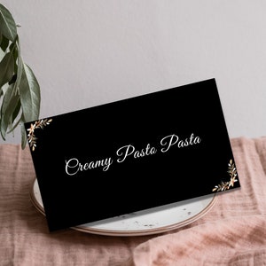 Plantillas de tarjetas de buffet de fiesta de Navidad, tarjetas de buffet negras estéticas, tarjetas de lugar de comida, plantillas de Canva de negocios, tarjetas de buffet imprimibles