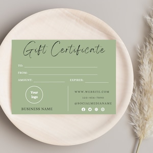 Sage Green Editable Gift Certificate Template, Printable DIY Gift Voucher Template, Boutique Business Gift Card, Spa Salon Gift Certificate