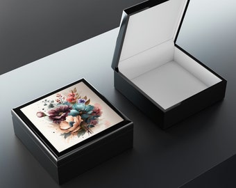 Joyero con flores de acuarela: ¡perfecto para el Día de la Madre! - - - Flores de acuarela, joyero, diseño floral, regalo elegante