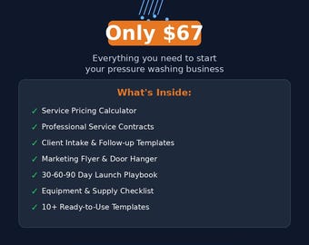 Kit de inicio para negocios de lavado a presión, paquete completo, plantillas de precios de servicios, contratos, folletos de marketing y guía de lanzamiento.