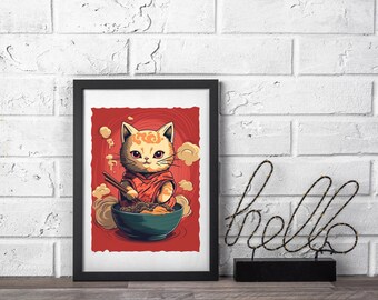 Arte digital de gato ramen / Arte digital de anime / Obras de arte lindas para la cocina / Arte estilo anime / Arte imprimible