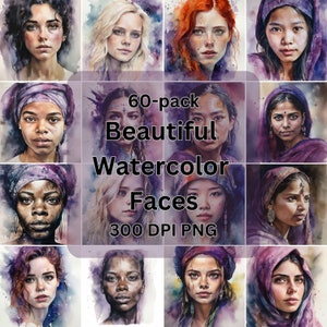 60-Pack Watercolor Faces - Women Faces - Watercolor Art - Digital Clipart - Artistic Portraits