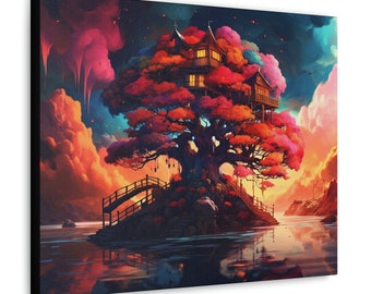Lienzo de galería con diseño de árbol en acuarela: arte de acuarela, arte de árboles, lienzo de fantasía, árbol vibrante, decoración artística, arte mural colorido.