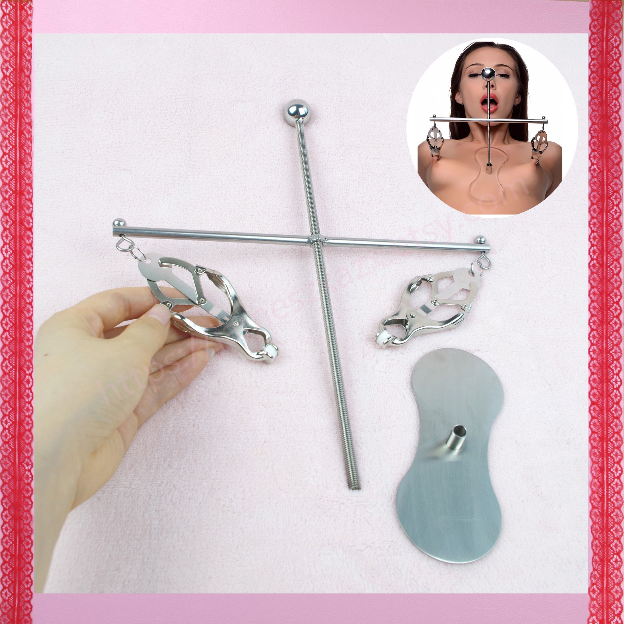 F wearing nipple clamp and chain xxx kit
