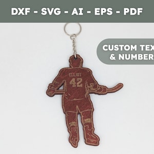 Fichier de découpe laser porte-clés | Joueur Hockey | Fichiers numériques dxf, svg, ai, eps, pdf | Porte-clés personnalisable | PC004