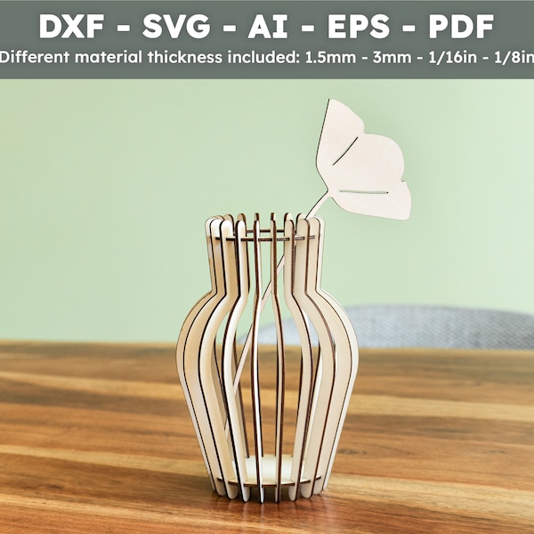 Fichier de découpe laser Vase en bois | Vase à fleurs | Fichiers numériques dxf, svg, ai, eps, pdf | Cadeau original fête des mères V002