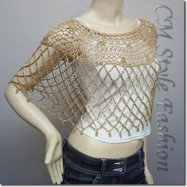 Party Wear Crochet Knit Net Poncho Wrap Cape Golden w/ Golden Beads