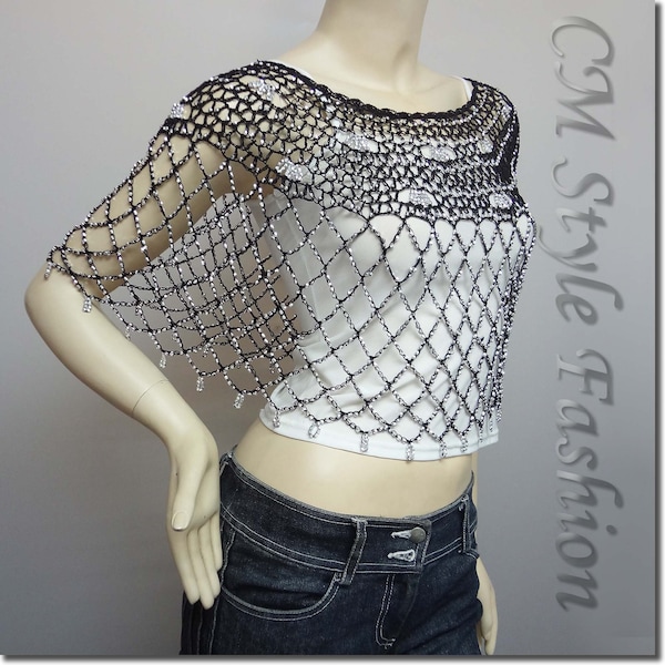 Party Wear Crochet Knit Net Poncho Wrap Cape Black w/ Silvery Beads