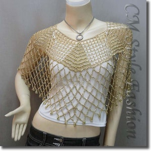 Beaded Party Wear Crochet Knit Net Poncho Wrap Cape Golden
