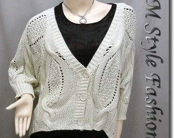 Women Crochet Cable Knit Dolman Sleeve Sweater Cardigan Top Beige