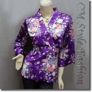 Japanese Kimono Floral Silky Satin Blouse Top Purple