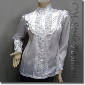 Victorian Style Ruffled Satin Elegant Blouse Shirt Top White