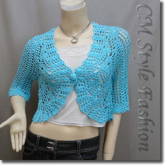 Crochet Knit Eyelet Scallop Shrug Bolero Cardigan Top Blue