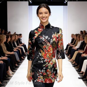 Chinese cheongsam qipao-stijl bloemen zijdeachtig satijnen tuniektop zwart
