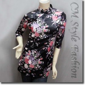 Chinese Cheongsam Qipao Style Floral Satin Tunic Top Black
