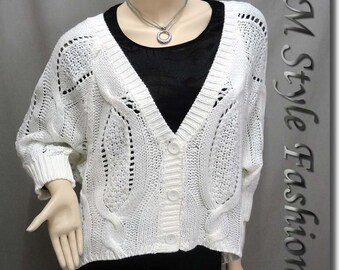 Women Crochet Cable Knit Dolman Sleeve Sweater Cardigan Top Vanilla White