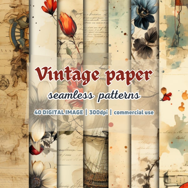 40 Vintage Paper Seamless Patterns, antique documents, digital paper, Junk journal, old book pages, paper textures, scrapbook paper