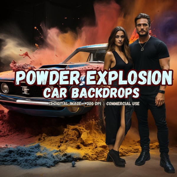 Powder explosion old cars backdrops, Smoke Bomb Overlays, Vintage Cars over colorful smoke bombs, Realistic Smoke Effects for Photo Editing