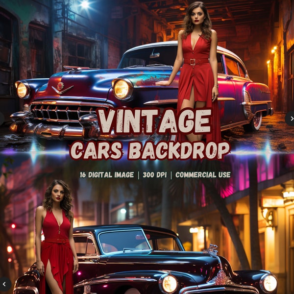 Vintage Cars Digital Backdrops, Old Car Digital Backdrop for Photography Composites, mixed with Neon lights, special photo design unique