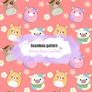 Niedliche Tier nahtlose Dateien, Squishmallow Musterdesign, Squishmallow Design für Stoff, Kuh Squishmallow Musterdesign
